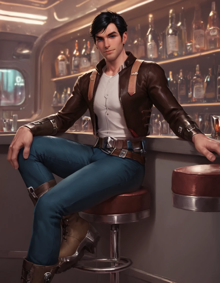 score_9, score_8_up, score_7_up, score_6_up, score_5_up, male focus, solo, <lora:SWTOR_-_Jonas_Balkar_-_Pony_4:0.8>, jonasbalkar, male, black hair, blue eyes, shoulder straps, brown jacket, white shirt, portrait, leather bracers, brown belt, blue striped pants, boots, contrapposto, spacecraft interior, looking at viewer, realistic, sitting on barstool, bar (place)