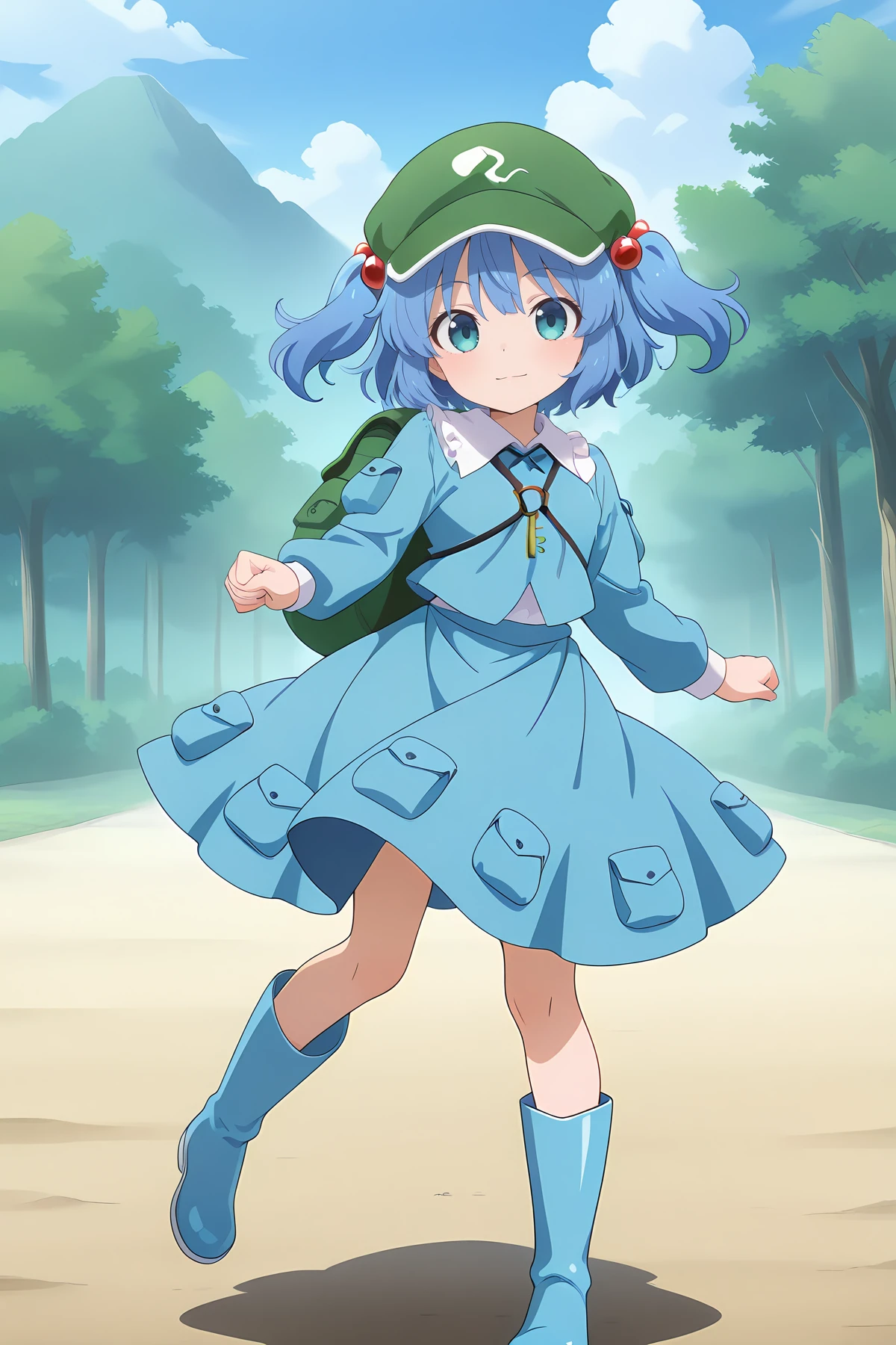 absurdres, highres, masterpiece, best quality, amazing quality, official anime artwork, screencap, anime screencap, outdoors, looking at viewer, light smile, dynamic pose,
<lora:Nitori-Kawashiro_Illustrious:1> kawashiro nitori, 1girl, solo, aqua eyes, blue hair, short hair, two side up, twintails, hair bobbles,, key, green headwear, flat cap, long sleeves, backpack, blue shirt, blue skirt, skirt set, blue footwear, rubber boots, pocket,