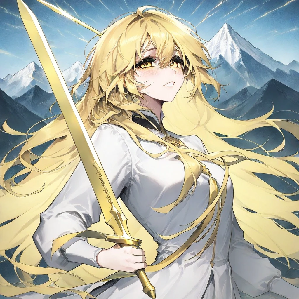 Wi Seol Ah, long hair, blonde hair, yellow eyes, white shirt, golden sword, mountain background, dawn background