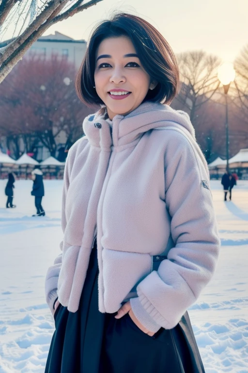 1girl,,(RAW photo, best quality), (realistic, photo-realistic:1.4), masterpiece, an extremely delicate and beautiful, extremely detailed, 2k wallpaper, Amazing, finely detail, extremely detailed CG unity 8k wallpaper, ultra-detailed, highres, soft light, beautiful detailed girl, cinematic lighting,perfect anatomy,slender body
(at a park), (winter scenery),(snow park in the background), Sapporo Odori Park Winter Festival, festival lights (bokeh)
(wearing winter jacket) (long skirt)
(smile) <lora:chest size:-1> (56 years old woman)
<lora:takashimachisako_lora:0.8>