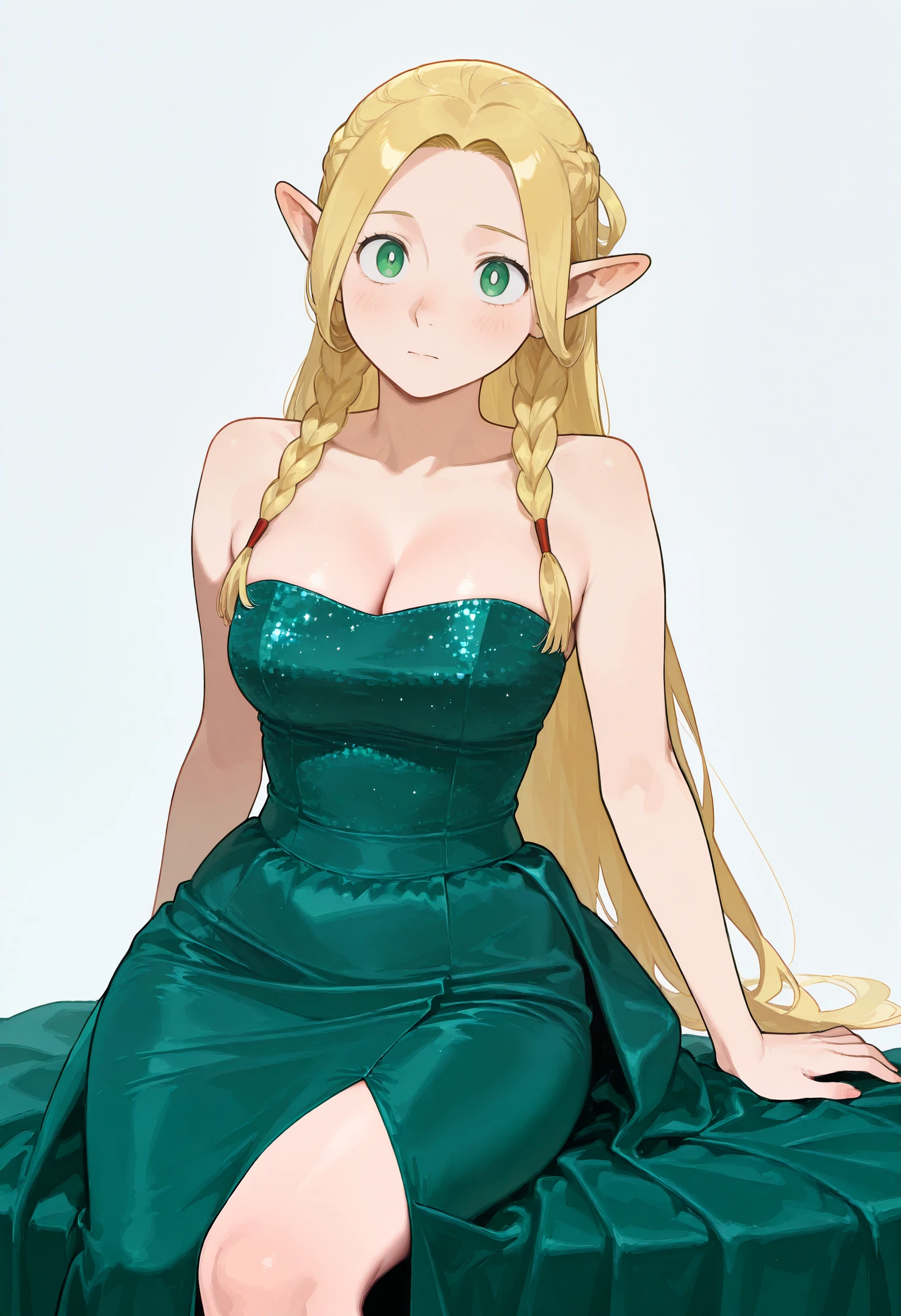 1girl,solo, green dress,satin dress,glitter,bare shoulders,strapless, marcille_donato,sitting,