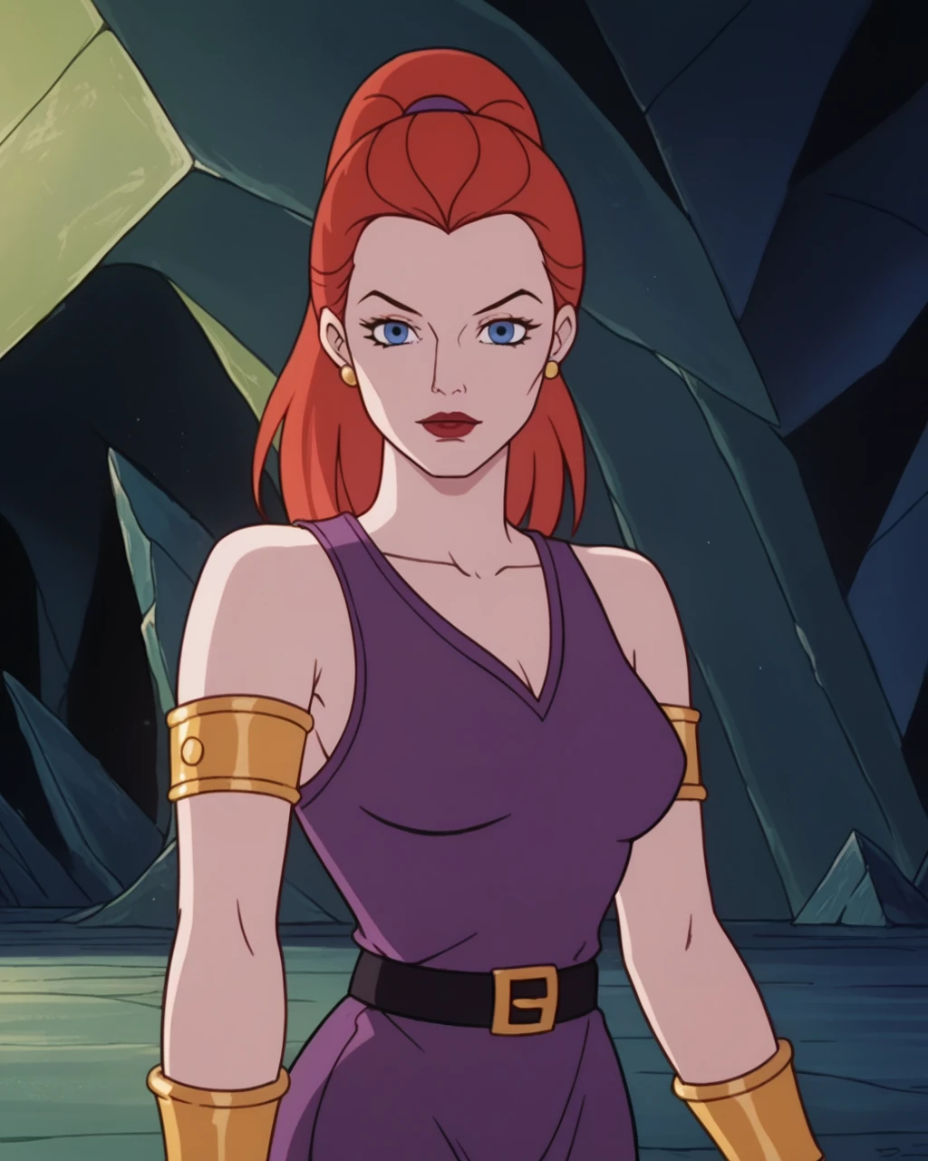 score_9, score_8_up, score_7_up, masterpiece,best quality,amazing quality, absurdres, source_cartoon, 1girl, solo, <lora:motu_sorc:1> motu_sorc, teelana, red hair, ponytail, blue eyes, purple tunic, black belt, gold armbands, gold bracelets, indoors, cave, looking at viewer