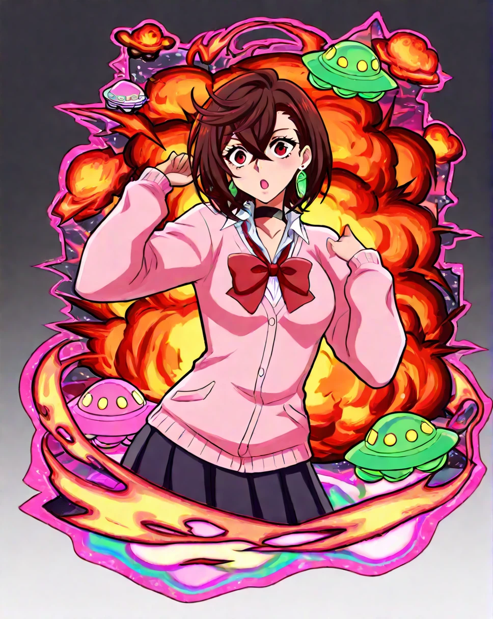 <lora:ayase_momo-koto-Illustrious v01:0.4> ayasemomo, hair between eyes, crossed bangs, green earrings, brown hair, red eyes, black choker, short hair, white shirt, red bowtie,pleated skirt,school uniform, pink cardigan, long sleeves, 1girl, solo, alone, ufo, explosion, shocked face, <lora:pin_design_illustriousXL:1>, pindesign, outline, masterpiece, highres