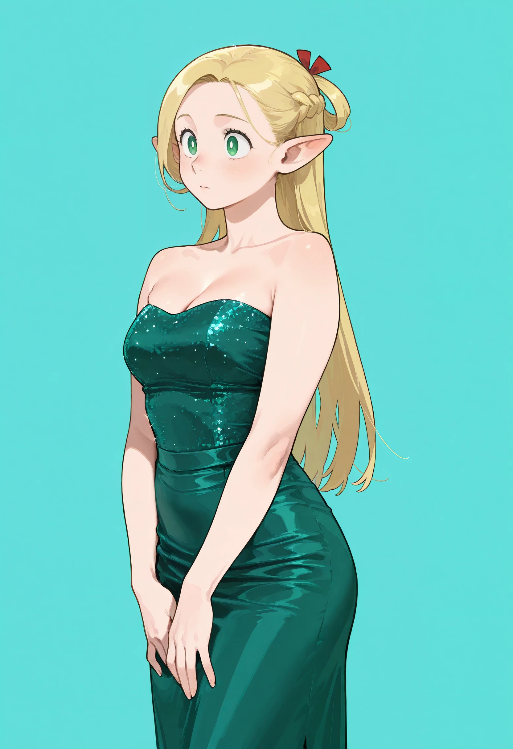 1girl,solo, green dress,satin dress,glitter,bare shoulders,strapless, marcille_donato,