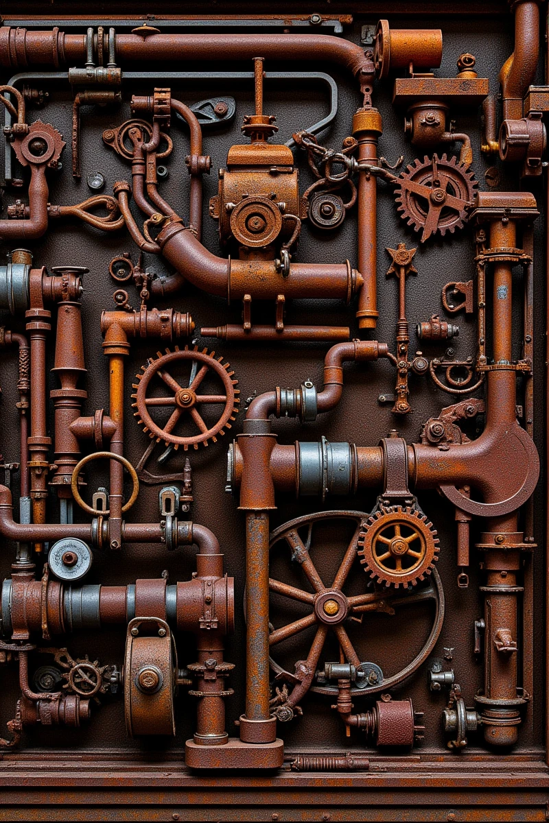 Rust_Decay,Enhanced_Lighting_and_Textures,The image showcases a dense collection of rusty mechanical parts and tools arranged in a seemingly chaotic manner. The components include gears, pipes, chains, valves, and other metallic objects, all exhibiting a heavy patina of rust and wear. The color palette is dominated by shades of brown, orange, and grey, indicative of long-term exposure to the elements. The arrangement is intricate, with parts overlapping and intertwined, creating a sense of cluttered yet purposeful design. The background is a textured, corroded metal surface, enhancing the industrial feel of the scene. The overall impression is one of *********** and decay, with the tools and parts left to rust away, possibly from a decommissioned machinery or a forgotten workshop.