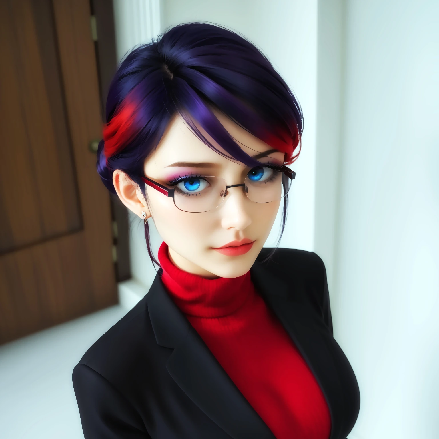 score_9, score_8_up, score_7_up, masterpiece, high quality, solo, imtdnatheliesancoeur, 1girl, short hair, glasses, from above, looking at viewer, expresionless, black hair, purple hair, red hair, multicolored hair, two tone hair, blue eyes, turtleneck, elegant, formal, suit, single hair bun, makeup, black pants, sweater, earrings, long sleeves, eyelashes, semi-rimless eyewear, wide hips, sexy, large breast