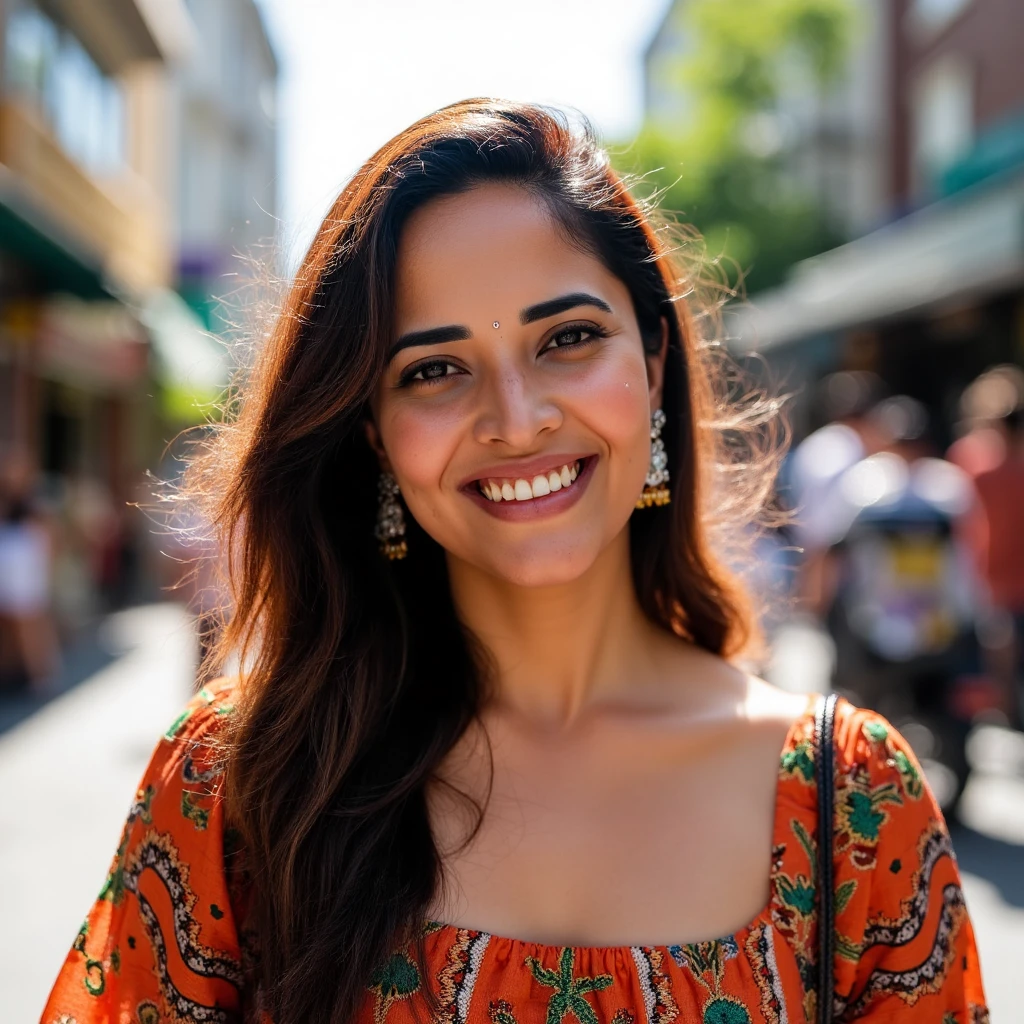 Close-up shot of Anasuya's radiant smile as she gazes directly at the viewer from amidst the bustling city street. Her fashionable modest dress shines in the warm sunlight, with the vibrant colors and intricate patterns drawing attention. Anasuya's eyes sparkle with friendliness, her facial expression inviting and approachable. The street's energy and activity create a lively backdrop, framing Anasuya's pleasant demeanor.