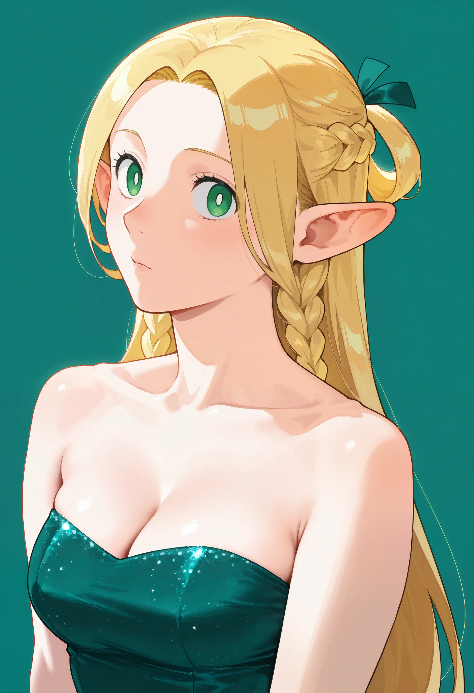 1girl,solo, green dress,satin dress,glitter,bare shoulders,strapless, marcille_donato,