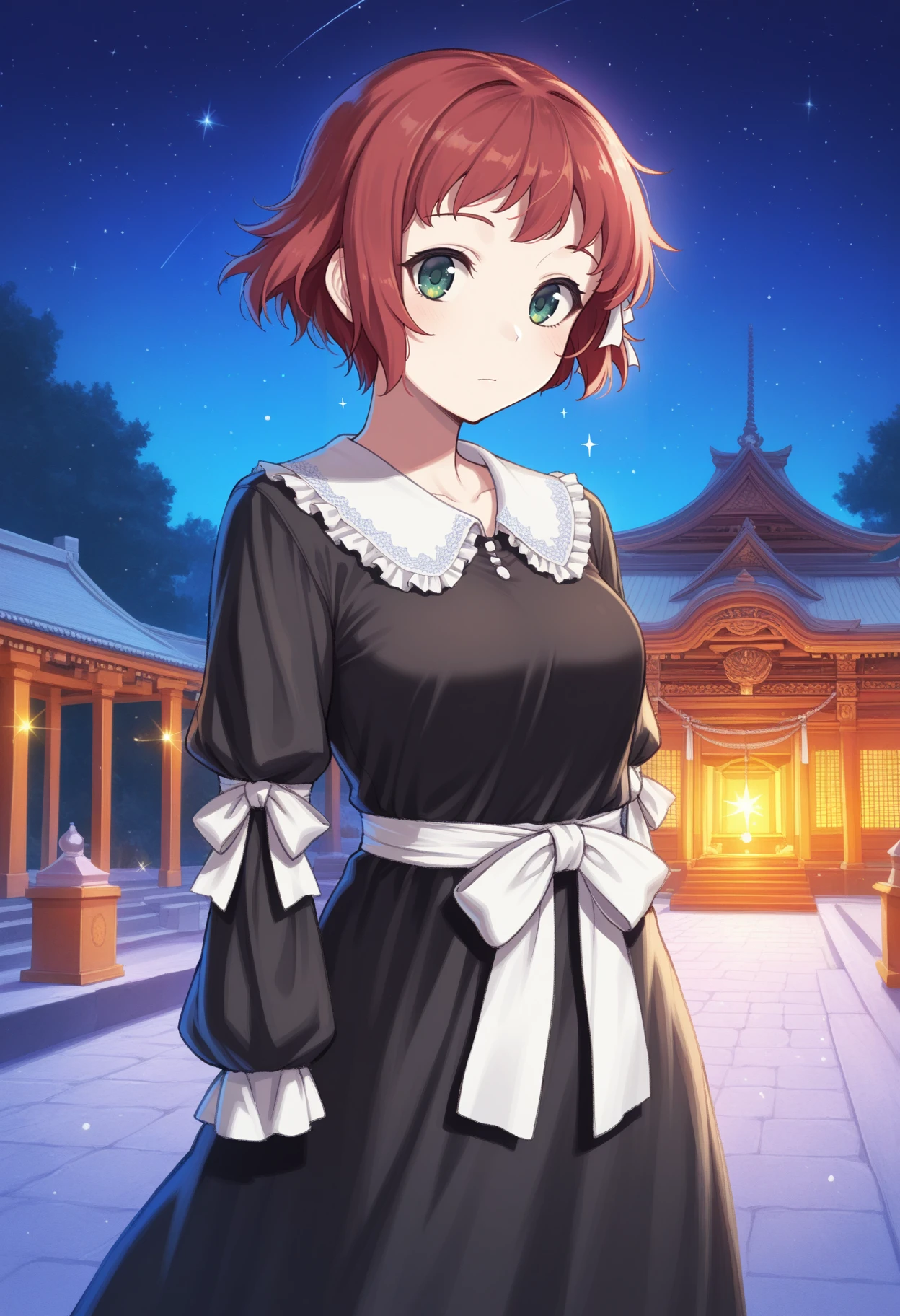 masterpiece, best quality, 1girl, solo, <lora:NSRinKatawa:1> NSRinMisc, armless amputee, red hair, short hair, green eyes, white collar, black dress, high collar dress, long sleeves, white sash, frills, ribbons, white embroidery, outdoors, temple, hair ribbon, white ribbon, sparkles, stars, night