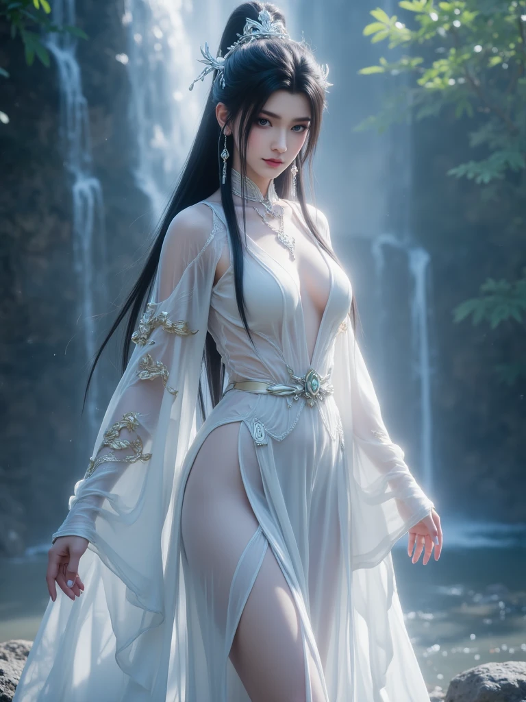 realistic,masterpiece,best quality,official art,extremely detailed CG unity 8k wallpaper,realistic,light rays,light particles,1girl,solo,chinese_clothes,jewelry,earrings,brown_eyes,realistic,lips,long_hair,black_hair,looking_at_viewer,waistband,black pants, blue sky,white clouds,depth of field,simple_background,minimalism,outdoor,open country,stream,lake,flowers fall,peach blossom, looking at viewer,cowboy shot,