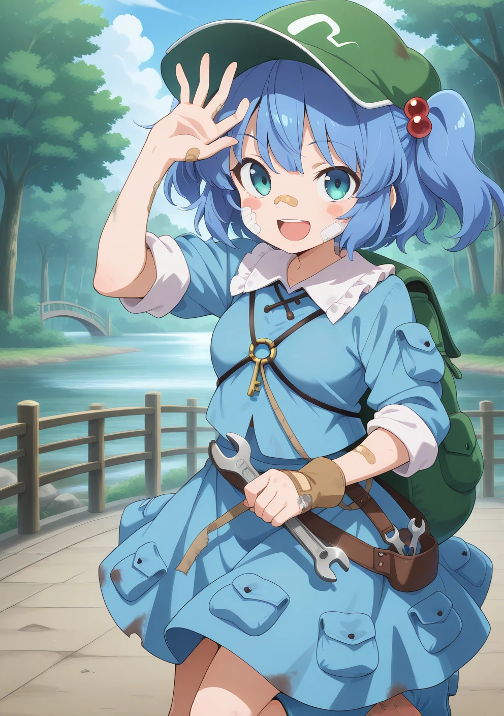 absurdres, highres, masterpiece, best quality, amazing quality, official anime artwork, screencap, anime screencap, outdoors, looking at viewer, dynamic pose,
<lora:Nitori-Kawashiro_Illustrious:1> kawashiro nitori, 1girl, solo, aqua eyes, blue hair, short hair, two side up, twintails, hair bobbles,, key, green headwear, flat cap, long sleeves, backpack, blue shirt, blue skirt, skirt set, blue footwear, rubber boots, pocket,
bandage on face, bandages, bandaid, bandaid on arm, bandaid on cheek, bandaid on face, bandaid on hand, bandaid on nose, blush stickers, bridge, dirty, dirty clothes, dirty face, gloves, injury, nature, open mouth, river, short hair, skirt, sky, sleeves rolled up, smile, tree, water, wrench,