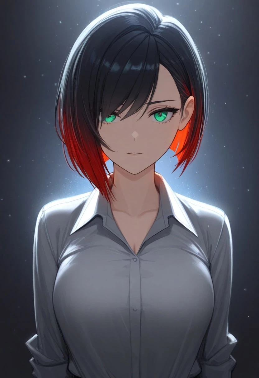 sketch, volumetric lighting, holographic colors, cute, gradient colors, dark background, masterpiece, best quality, amazing quality, very aesthetic, absurdres, newest, volumetric lighting,
BREAK
nsfw,sketch,
ambient occlusion, raytracing, soft lighting, blum effect, masterpiece, absolutely eye-catching, particles, glow, shining, intricate cinematic background,
BREAK
masterpiece, highly detailed,detailed eyes, 1girl, score_9, score_8_up, score_7_up,source_real,1girl,solo,(two tone hair),red hair,black hair,short hair,bob cut,swept bangs,emerald eyes,perfecteyes,eyebrows,hair behind ear,hair covering eye,asymmetrical hair cut,grey shirt,red lining,looking at viewer,sinozick,flat colors,office lady,,white shirt,collared shirt,,usnr, 748cmstyle, gbf_style.biz.
