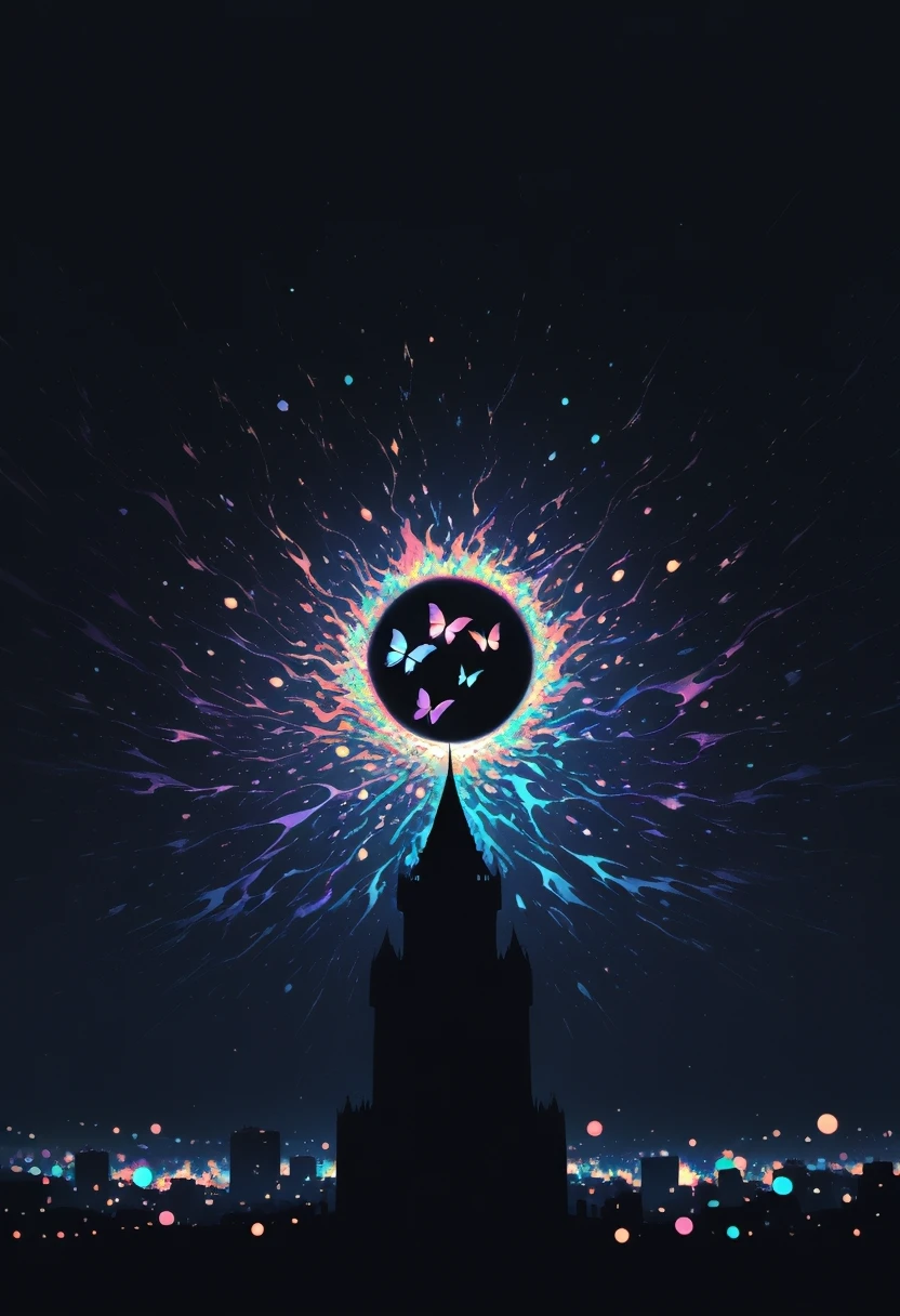 stylish,no humans,city light,black theme,dim lighting,high contrast,night sky,matserpiece,absurdres,depth of field,butterflies,extremely aesthetic,viloet theme,absurdres,wallpaper,panorama,bokeh color, colorful aura, glow multicolor