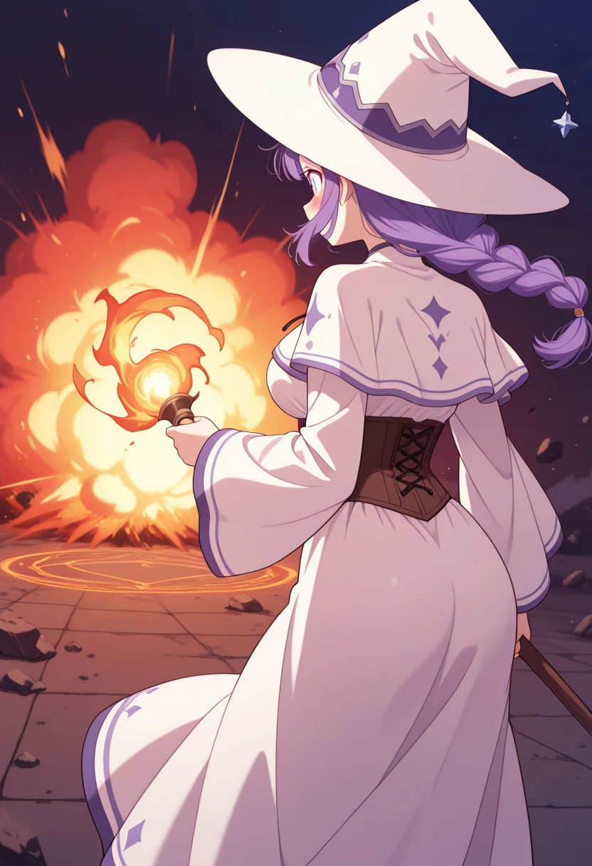 ailand,melitaphyllis, 1girl, breasts, blush, bangs, long sleeves, hat, dress, purple hair, wide sleeves, star, (symbol), white dress, capelet, witch hat, white headwear, corset, long dress, underbust, witch, white capelet, <lora:melita_phyllis_v1_illustrious:1>,white dress, braid, braided ponytail,
BREAK
((action)),action_pose,simple background, , ((holding_staff)),dynamic pose,((dynamic_angle,perspective)),action,((from_behind,from side)),((facing away)), magic circle, magic,action_scene,casting_magic,((pyrokinesis)),fire,flames,red_theme,fiery_trail,explosion,holding_staff,steel_staff,best_quality,masterpiece,modern,year_2024,newest,fluttering_clothes,impact,raised_staff,debris, murata range::2,,((anime_coloring)),anime_screencap,studio_anime,<lora:ailand_v1_illustrious:1>