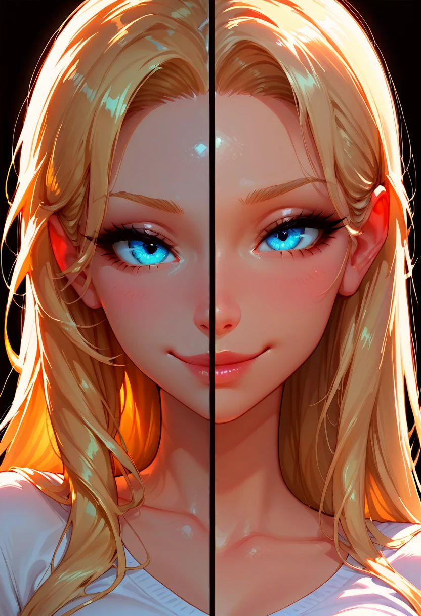 SplitScreen, split screen, IllusP0s, (black background, simple background):1.5, 1girl, portrait, close-up, face focus, perfect face, perfect eyes, very long hair, blonde hair, blue eyes, white shirt, dynamic, facing viewer, looking at viewer, seductive smile
BREAK
SplitScreen, split screen, IllusP0s, (black background, simple background):1.5, 1girl, portrait, close-up, face focus, perfect face, perfect eyes, very long hair, blonde hair, blue eyes, white shirt, dynamic, facing viewer, looking at viewer, seductive smile <lora:PonyfierXL:1>