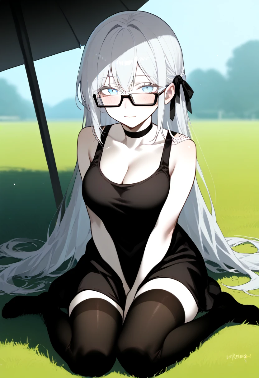 score_9, score_8_up, score_7_up, score_6_up, source_anime, <lora:White_Skin_PDXL:1.5> (pale skin, white skin:1.3), 1girl, looking at viewer, light smile, large breasts, light blue hair, blue eyes, cleavage, black dress, sundress, hair ribbon, glasses, rectangular eyewear, semi-rimless eyewear, blush, very long hair, black choker, black shirt, outdoors, on grass, umbrella, sitting, blue sky, thighhighs, black thighhighs, zettai ryouiki,