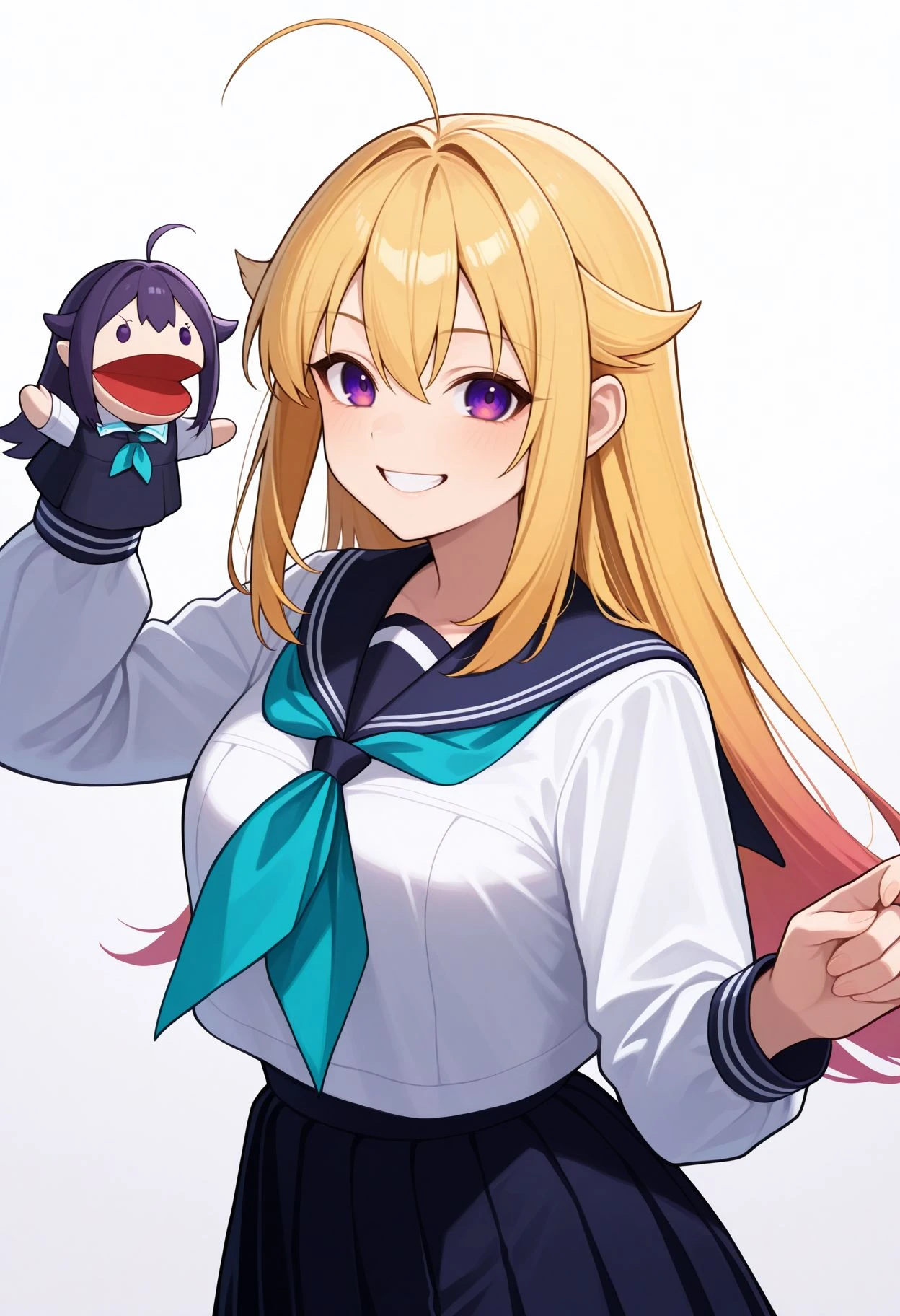 masterpiece,best quality,absurdres,highres,very aesthetic,high quality,detailed,insanely detailed,beautiful,perfect lighting,
1girl,solo,
smile, standing, grin,
simple background,white background,
upper body,
, <lora:hand_puppet_IL_v1:1.2> hppt,hand puppet,
<lora:Koshitan :1> 1girl, ahoge, blonde hair, purple eyes, hair flaps, long hair, school uniform, serafuku, long sleeves, white shirt, blue neckerchief, blue sailor collar, blue skirt, pleated skirt, aqua neckerchief