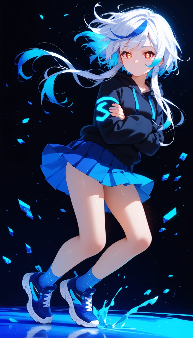 1girl,solo,full body,abstract,fusion of Fluid abstract art and glitch,glitch hair,iridescent hair,black background,eye trail,glowing eyes,glowing streaks,light trail,double exposure,spot color,chromatic aberration,no mouth,crossed arms,pleated skirt,blue skirt,streaked hair,blue theme,multicolored hair,looking at viewer,simple background,shiny skin,kneehighs,hood down,floating hair,blue footwear,arm up,light particles,bare legs,shoes,white hair,hood,black hoodie,sidelocks,sleeves past wrists,hoodie,long sleeves,skirt,short hair with long locks,glowing eye,socks,knees together feet apart,red eyes,shards,miniskirt,blue sock
BREAK,masterpiece, best quality,score_7_up,score_8_up,score_ 9, score_5_up,score_6_up,
