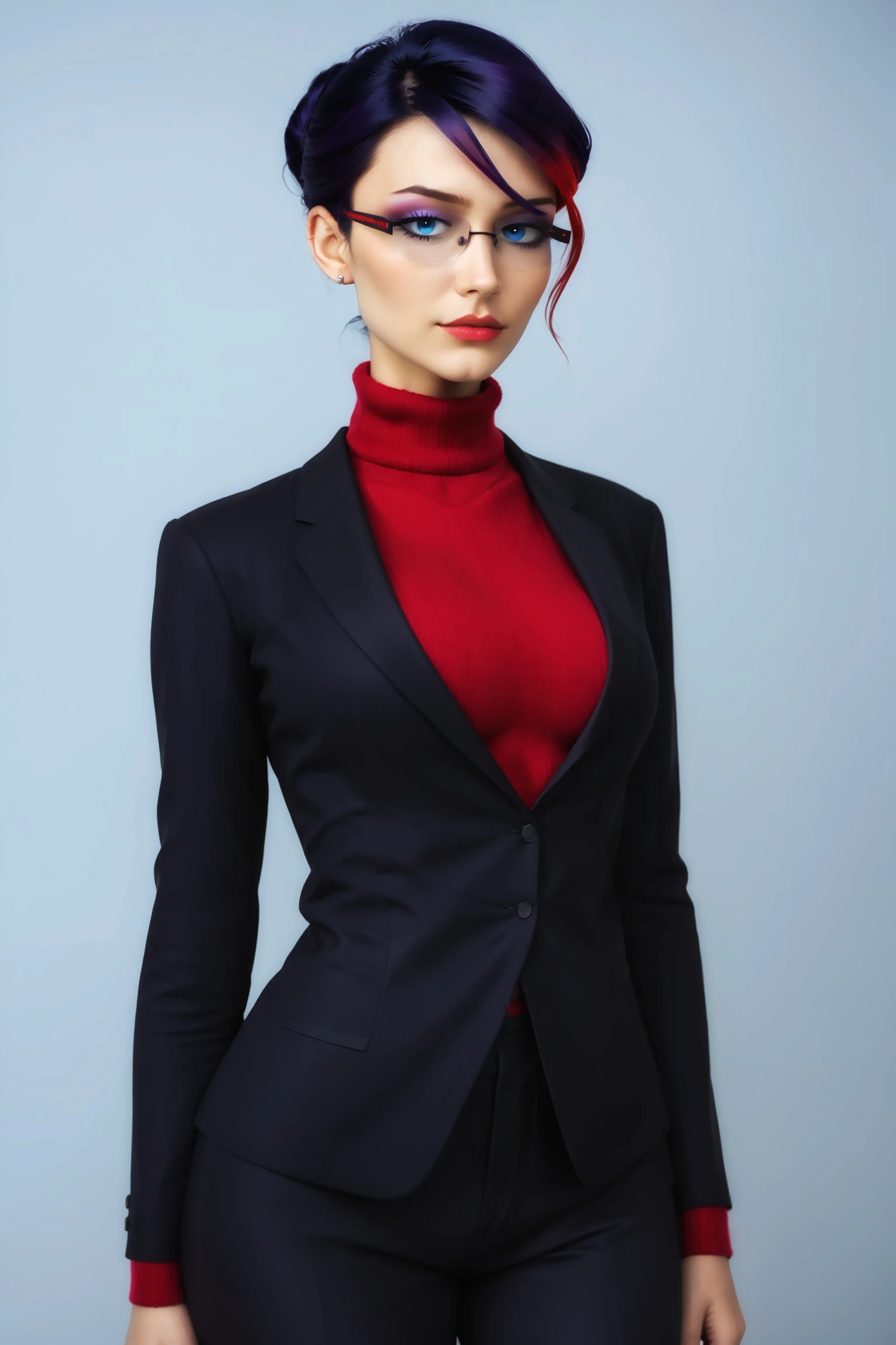 score_9, score_8_up, score_7_up, masterpiece, high quality, solo, imtdnatheliesancoeur, 1girl, short hair, glasses, black hair, purple hair, red hair, multicolored hair, two tone hair, blue eyes, turtleneck, formal, suit, single hair bun, makeup, black pants, sweater, earrings, long sleeves, eyelashes, semi-rimless eyewear, wide hips, sexy, large breast, simple_background