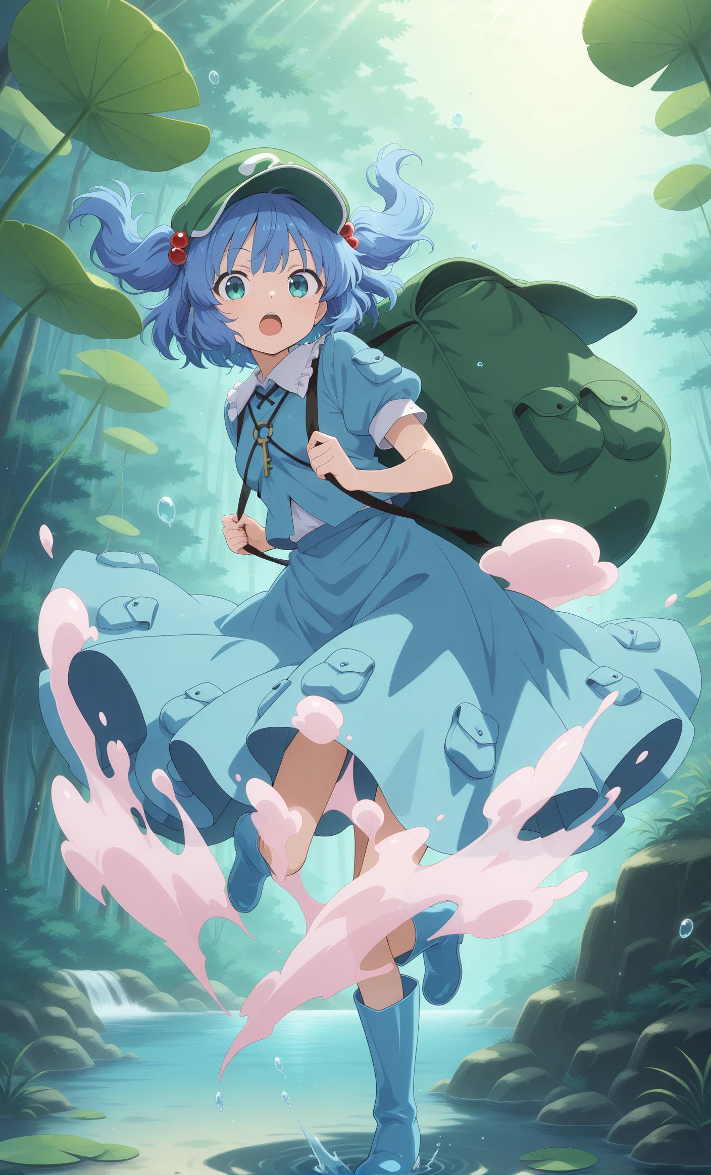absurdres, highres, masterpiece, best quality, amazing quality, official anime artwork, screencap, anime screencap, outdoors, looking at viewer, dynamic pose, 
 <lora:Nitori-Kawashiro_Illustrious:1> kawashiro nitori, 1girl, solo, aqua eyes, blue hair, short hair, two side up, twintails, hair bobbles,, key, green headwear, flat cap, long sleeves, backpack, blue shirt, blue skirt, skirt set, blue footwear, rubber boots, pocket,
nature, open mouth, river, water, underwater, lily pad,