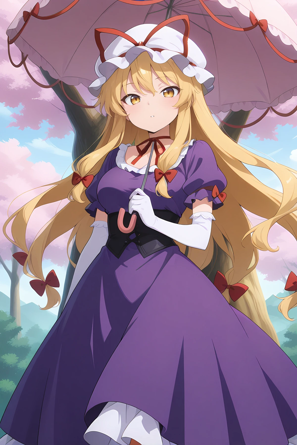absurdres, highres, masterpiece, best quality, amazing quality, official anime artwork, screencap, anime screencap, outdoors, looking at viewer,
<lora:Yakumo-Yukari_Illustrious:1> yakumo yukari, 1girl, solo, blonde hair, yellow eyes, long hair, sidelocks, mob cap, white headwear, hat ribbon, red ribbon, red bow, purple dress, elbow gloves, white gloves, puffy short sleeves, neck ribbon, frills,
umbrella, floating hair, dynamic hair, sakura tree, big tree,