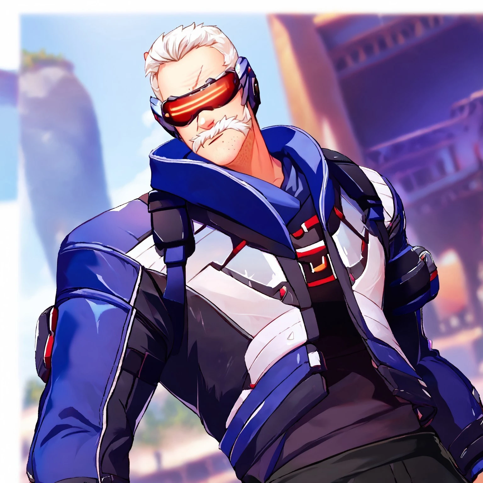 safe_pos, sscore_9, score_8_up, score_7_up, masterpiece, best quality, ultra-detailed, very aesthetic, ultra detailed eyes, source_anime, anime, 1male, mature male, muscular, bara, defined face, masculine face, perfect anime face,new76, short hair, white hair, visor, facial hair, (beard, (stubble), mustache: 1.3), scar on face, large pectorals, jacket, long sleeves, black pant, gloves, boot, detailed background, depth of field, blurry background, outside frame, looking at viewer, white border, white frame