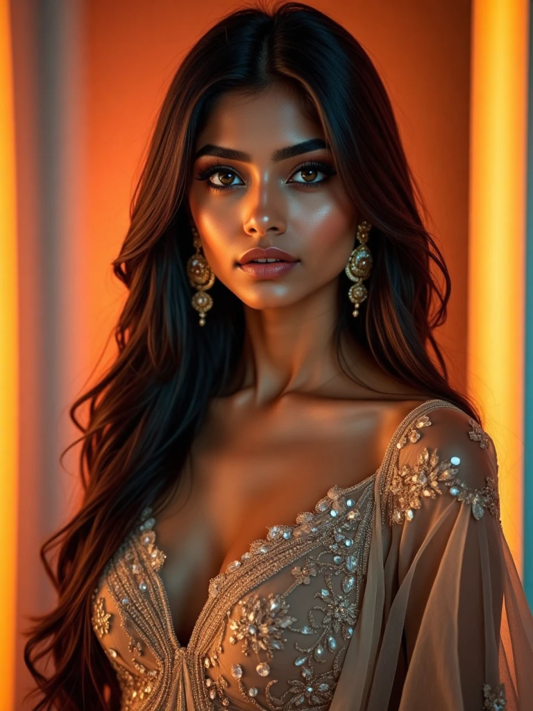 A woman, sensual, she is an adult, she has elf ears, long dark red hair falling over her shoulders, (((a woman with long dark red hair 1.7)))(((very beautiful))), perfect faces, she is in a city at night, dark and cold palette, low-cut dress on her large breasts, yellowish brown eyes, 8K, beautiful breasts, extremely detailed, (high quality, realistic, photorealistic: 1.37), ideal proportions and defined and brown skin, her skin is a brown tone, meticulously crafted features, inaccessible beauty, perfection, artistic art, vivid realism, hyper-detailed sculpting, realistic shapes, truly inspiring, impeccable craftsmanship, pure brilliance, ethereal beauty, delicate contours, striking poses, sublime beauty, subtle nuances, dynamic compositions, vibrant colors, perfect lighting, moving expressions, heavenly aura, majestic presence, dreamlike atmosphere, unmatched detailed octane rendering trend in artstation, 8k art photography, photorealistic concept art, cinematic volumetric soft natural light, chiaroscuro, award winning photography, fine art, oil on canvas, beautiful, detailed, intricate, insane