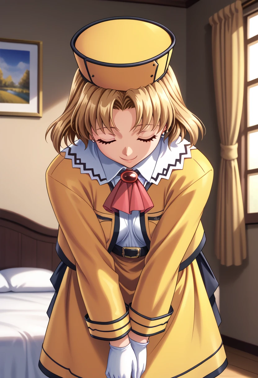 score_9, score_8_up, score_7_up, BREAK <lora:KuraruSada:1> ,sanadak, 1girl, yellow hat, white gloves, closed eyes,white collar,blonde hair, short hair, bowing, leaning forward,yellow skirt, v arms, red ascot, red brooch,smile, white shirt, yellow jacket, long sleeves,black belt,indoors,bedroom,
