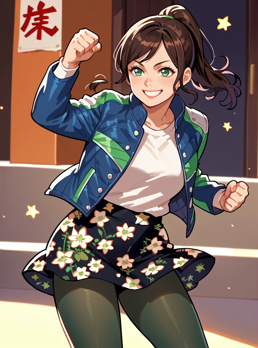 score_9, score_8_up, score_7_up, score_6_up,source_anime anime screencap <lora:HammieKyuranger_r1:1>hammiekyuranger, solo, 1girl, jacket, black hair, pantyhose, smile, brown hair, long hair, ponytail, green eyes, floral print, star (symbol) smile skirt, fighting stance,