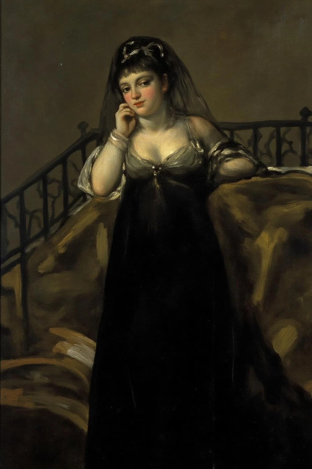 g0ya1 painting.
A woman in a contemplative pose, leaning on an ornate iron railing or a balustrade. She is dressed in an elegant, 18th-century style gown with a deep neckline and a flowing black dress. <lora:g0ya2_cap_d6a3e12:1.0><lora:823856246135273996:0>