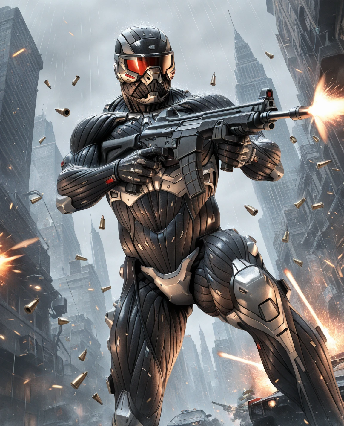 masterpiece, best quality,
edgNanosuit, solo, visor, dutch angle, helmet, building, holding gun, rain, city, realistic, assault rifle, firing, shell casing, sparks ,wearing edgNanosuit_bodysuit,science fiction,aiming down sight,
<lora:edgNanosuitILS:1>