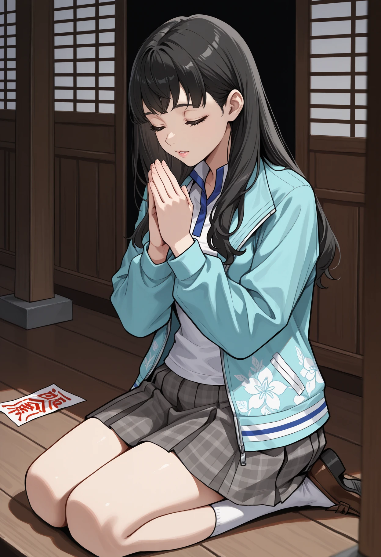 masterpiece, best quality, 1girl, seiza, praying, closed eyes, parted lips, (pink lips:0.8), <lora:TaoSMT-illu:1> tao, black hair, long hair, choppy bangs, grey eyes, aqua jacket, open jacket, track jacket, long sleeves, floral print, white shirt, collared shirt, grey skirt, plaid skirt, pleated skirt, white socks, loafers, brown footwear, shrine, east asian architecture, ofuda