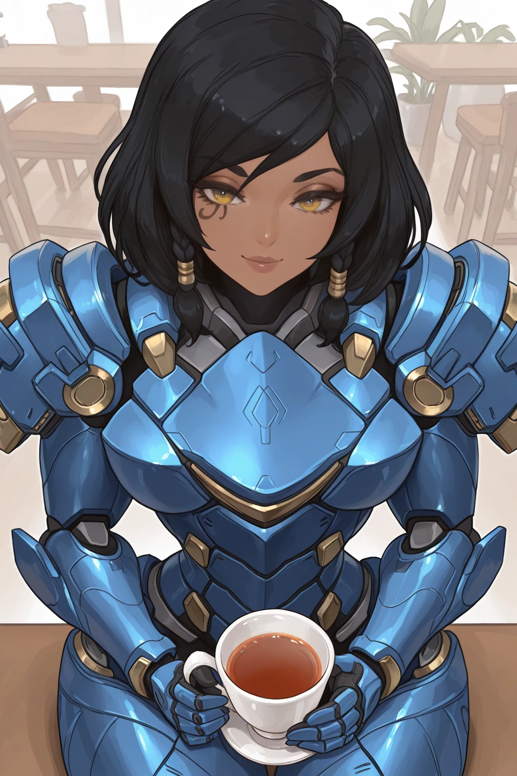 masterpiece, good quality, best quality, very awa, very as2, absurdres, highres,
<lora:PharahilluLoRA:0.8> phrah, hair tubes, facial tattoo, side braids, power armor, short hair, sitting in a cafe holding a cup of tea, smile
<lora:alvaStyleilluLYC:1> alva