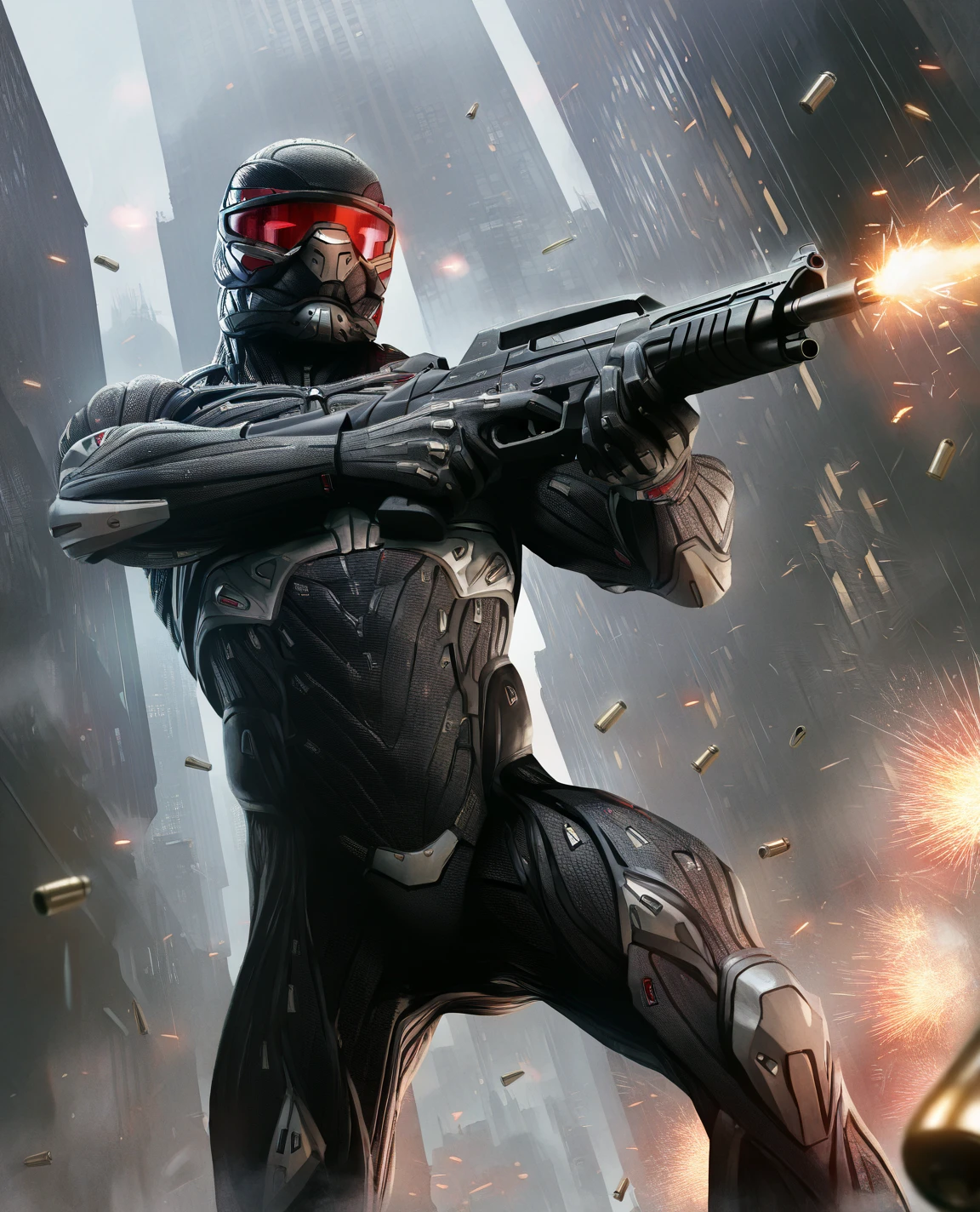 masterpiece, best quality,
edgNanosuit, solo, visor, dutch angle, helmet, building, holding gun, rain, city, realistic, assault rifle, firing, shell casing, sparks ,wearing edgNanosuit_bodysuit,science fiction,aiming down sight,
<lora:edgNanosuitILS:1>