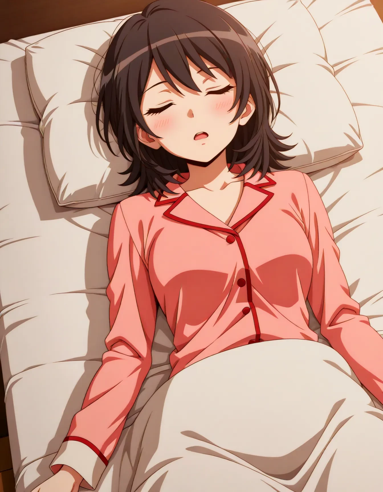 <lora:dmd2_sdxl_4step:1>,1girl,official style,masterpiece,best quality,newest,absurdres,highres,very awa,Anime,anime coloring,anime screencap,<lora:takahashi_maya_V1:1>,takahashi maya,solo,black hair,short hair,black eyes,closed eyes,pajamas,bedroom,sleep,futon:2,on back,open mouth,enter the futon,