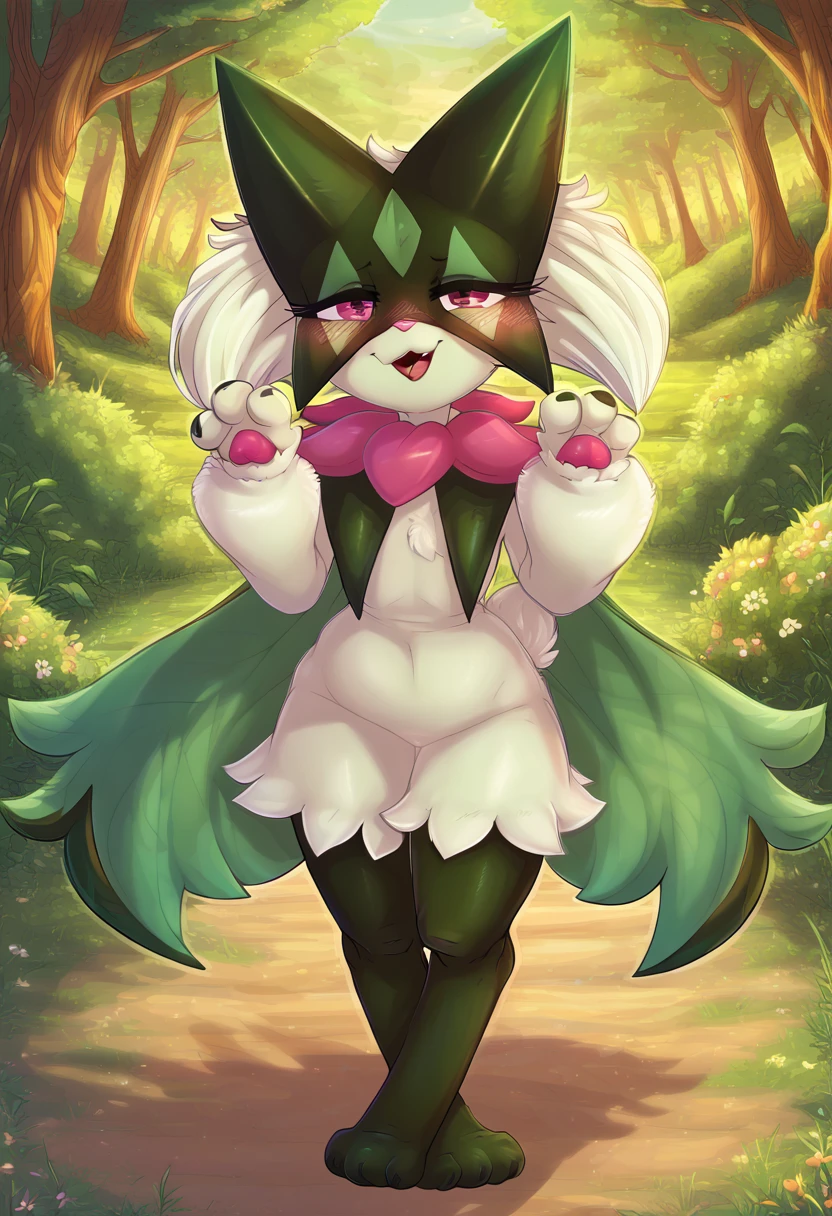 zPDXL, score_9_up, score_8_up,_7_up, score_6_up, score_5_up, score_4_up ,source_furry, best quality, amazing quality, masterpiece, 1girl, looking at viewer, solo, fullbody, cute, blush, cute smile, cute pose, out doors, forest, flowers, meowscarada, <lora:meowscarada:0.8>, dimwitdog, <lora:dimwitdog:1>, Expressiveh, good_hands, <lora:Expressive_H:0.8>, <lora:Detail_Slider_v1.4_iteration_3:4>, <lora:pony_good_hands:0.8>