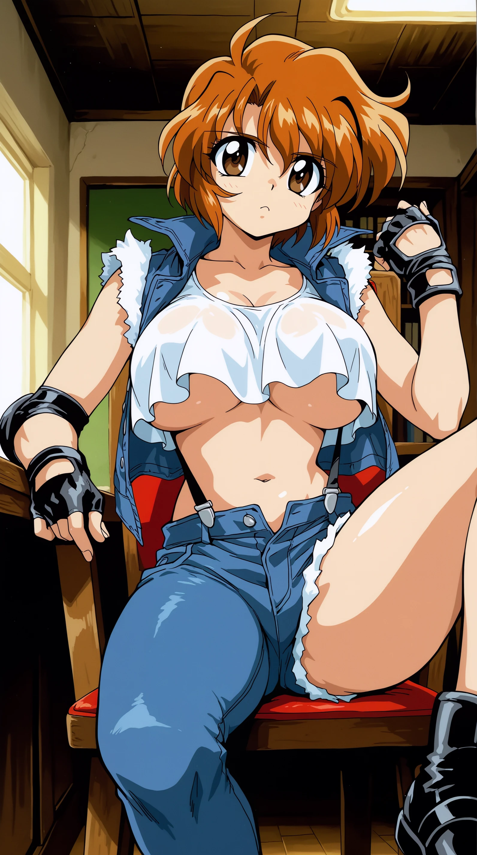 best quality,masterpiece,1girl, solo, (torn clothes:1.3), ,sweat,crop_top, fingerless_gloves, large_breasts, midriff, navel, red sleeveless_turtleneck, blue denim pants, belt,on a ship,floating_clothes