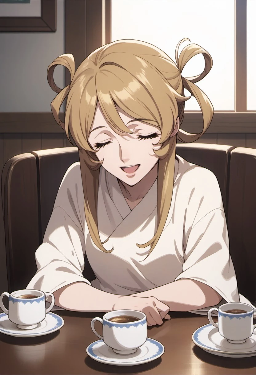 score_9, score_8_up, score_7_up, source_anime, mori yuki, dirty-blonde hair, long hair, 1girl, closed eyes, solo, cup, open mouth, smile, teacup, sitting, indoors, hair rings, table, shirt