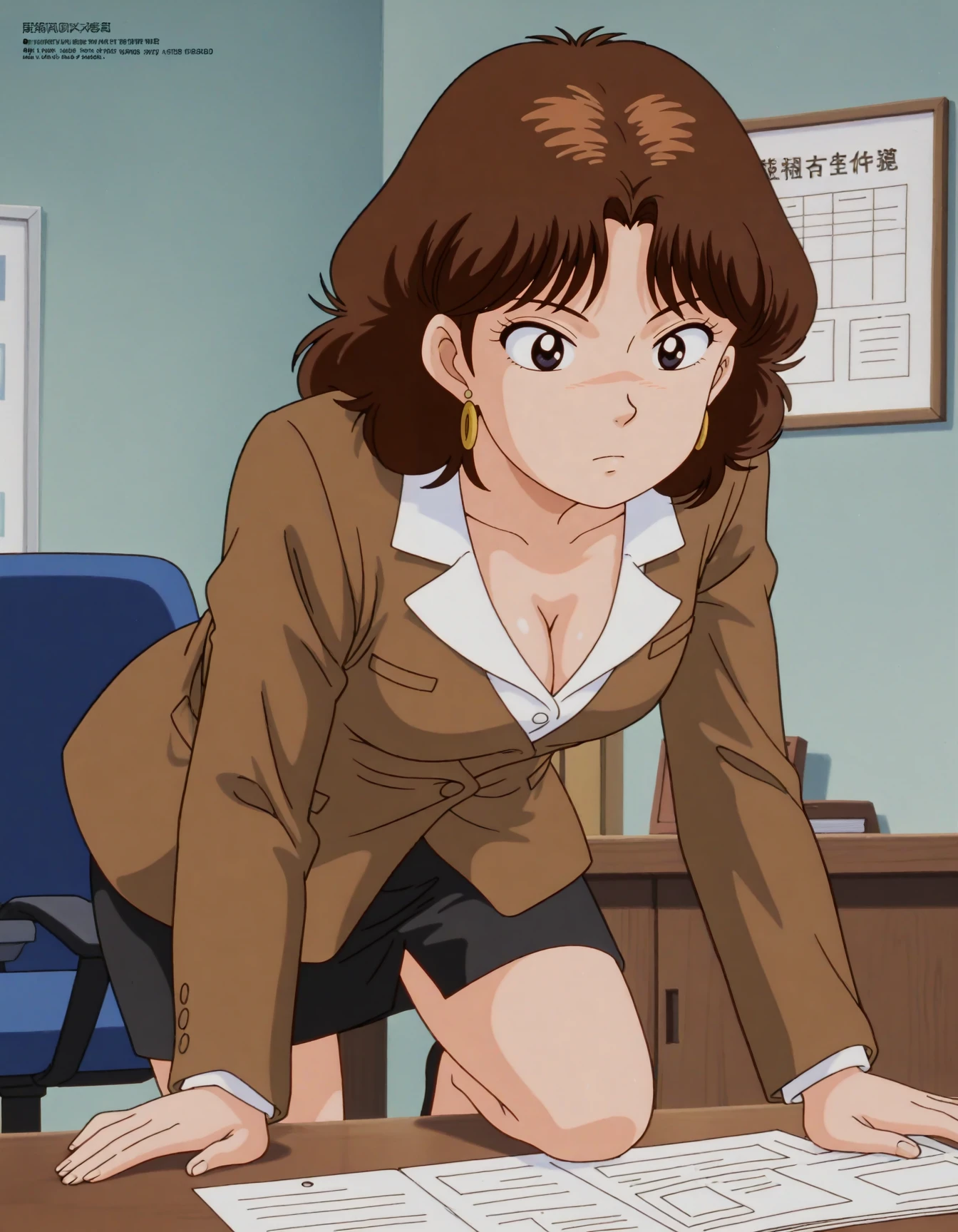 anime artwork <lora:Hyper-SDXL-8steps-lora:1>
masterpiece,best quality,highres,source_anime,anime screencap,anime coloring,megami magazine,sidelighting,shiny luminous,
oisinbo_hanamura, 1girl,solo,medium hair,skirt,brown hair,shirt,jewelry,jacket,earrings,black eyes,pencil skirt, brown jacket,
<lora:hanamura_ILLL:1>,cowboy shot, dutch angle,leaning forward,
office, sitting, large breasts, hand on own knee, cleavage,
. anime style, key visual, vibrant, studio anime, highly detailed