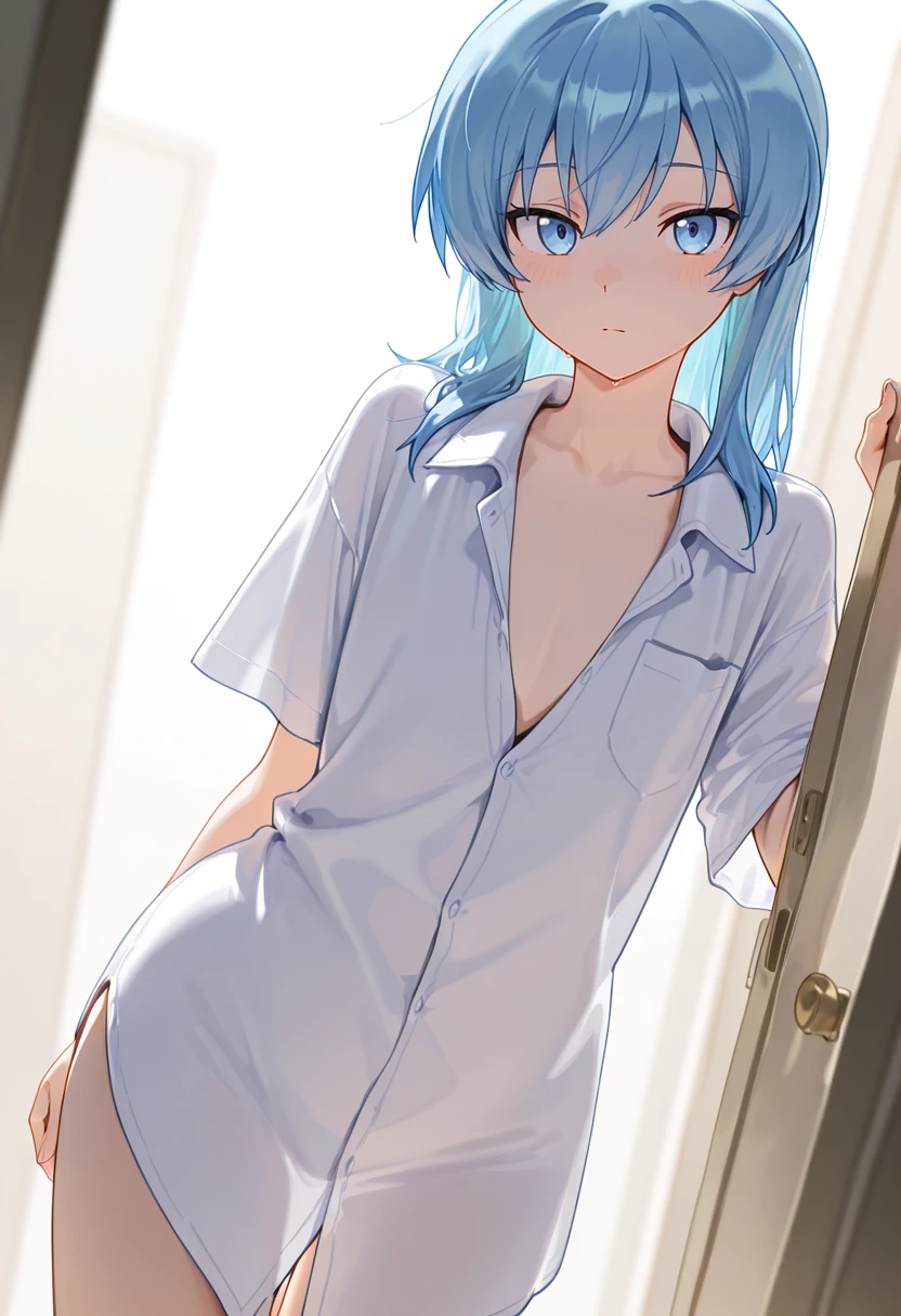 masterpiece,best quality,32k,high resolution,absurdres, <lora:nagisa01_il:1>, nagisa, (1 boy:1.4), blue hair, blue eyes, medium hair, flat chest, tall, oversized shirt, white shirt, collared shirt, looking at viewer,(solo:1.3), (blush:0.6),