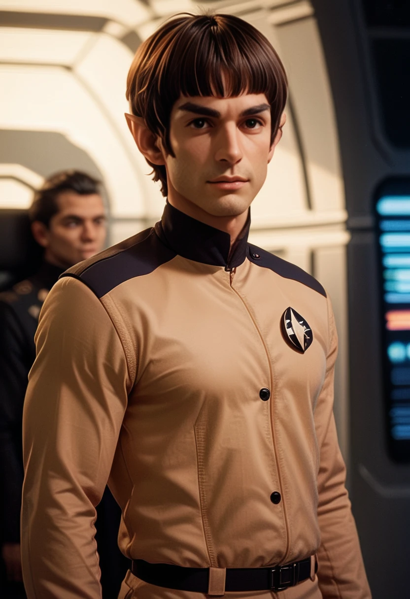 source_9, source_8_up, source_7_up, source_6_up, vulc4n, on a spacecraft, cowboy shot, 1boy, pointy eyebrows, blunt bangs, brown hair, short hair, wearing a uniform  <lora:vulc4n-v4:1>