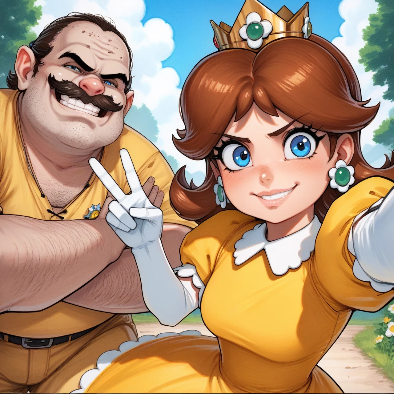 <lora:Style_OmarDogan-PONY:0.8> omardogan_style, traditional media, 1boy, ugly bastard, outdoors, selfie, 1girl, outstretched arm, v gesture, princess daisy, brown hair, blue eyes, lips, smug, yellow dress, puffy sleeves, white gloves, jewelry, score_9, score_8_up, score_7_up, score_6_up,