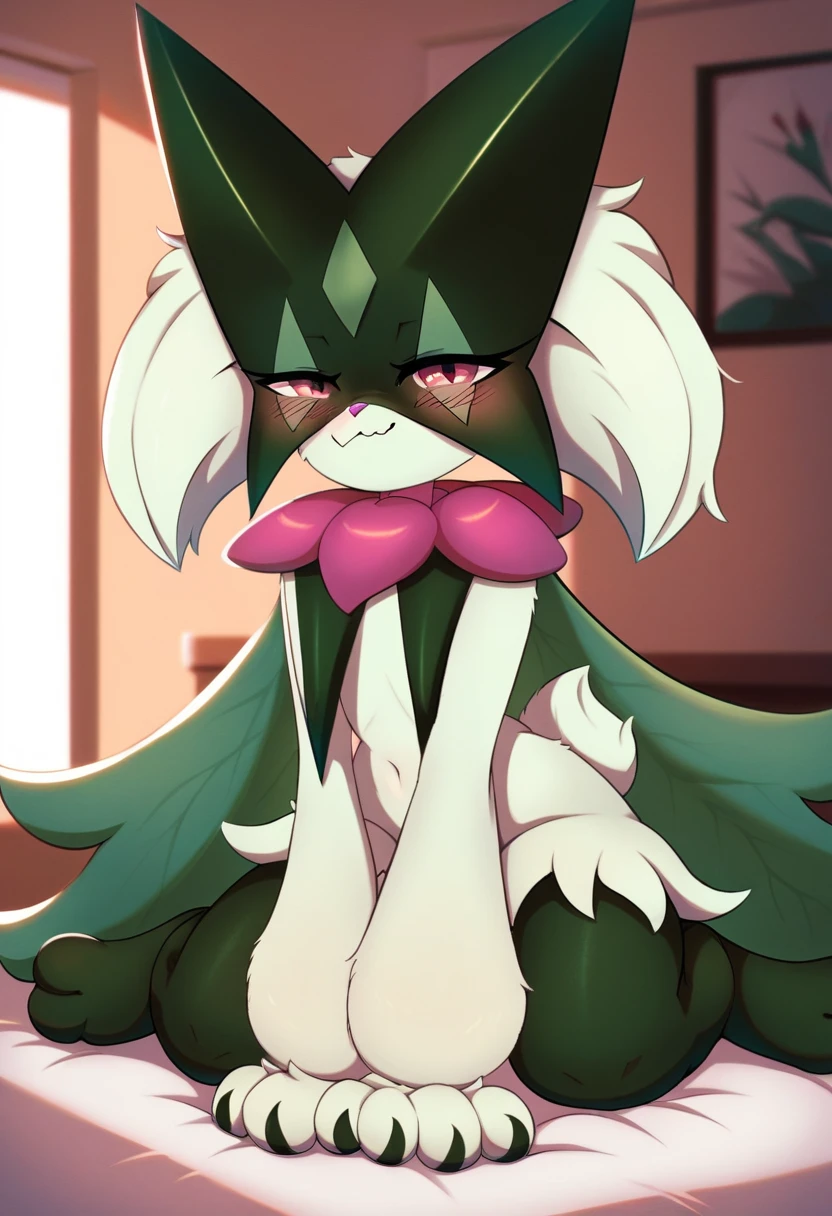 zPDXL, score_9, score_8_up, score_7_up,_up, source_furry, best quality, amazing quality, masterpiece, 1girl, looking at viewer, solo, fullbody, cute, blush, cute smile, indoors, room, meowscarada, <lora:meowscarada:1>