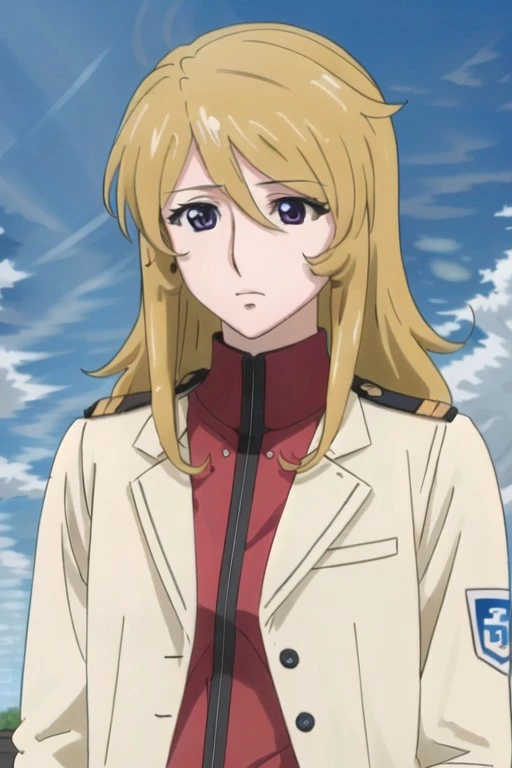 (masterpiece), mori yuki, dirty-blonde hair, long hair, purple eyes, 1girl, solo, anime coloring, sky, jacket, cloud, day, salute, shirt, upper body, blue sky, hair between eyes, red shirt, official style
