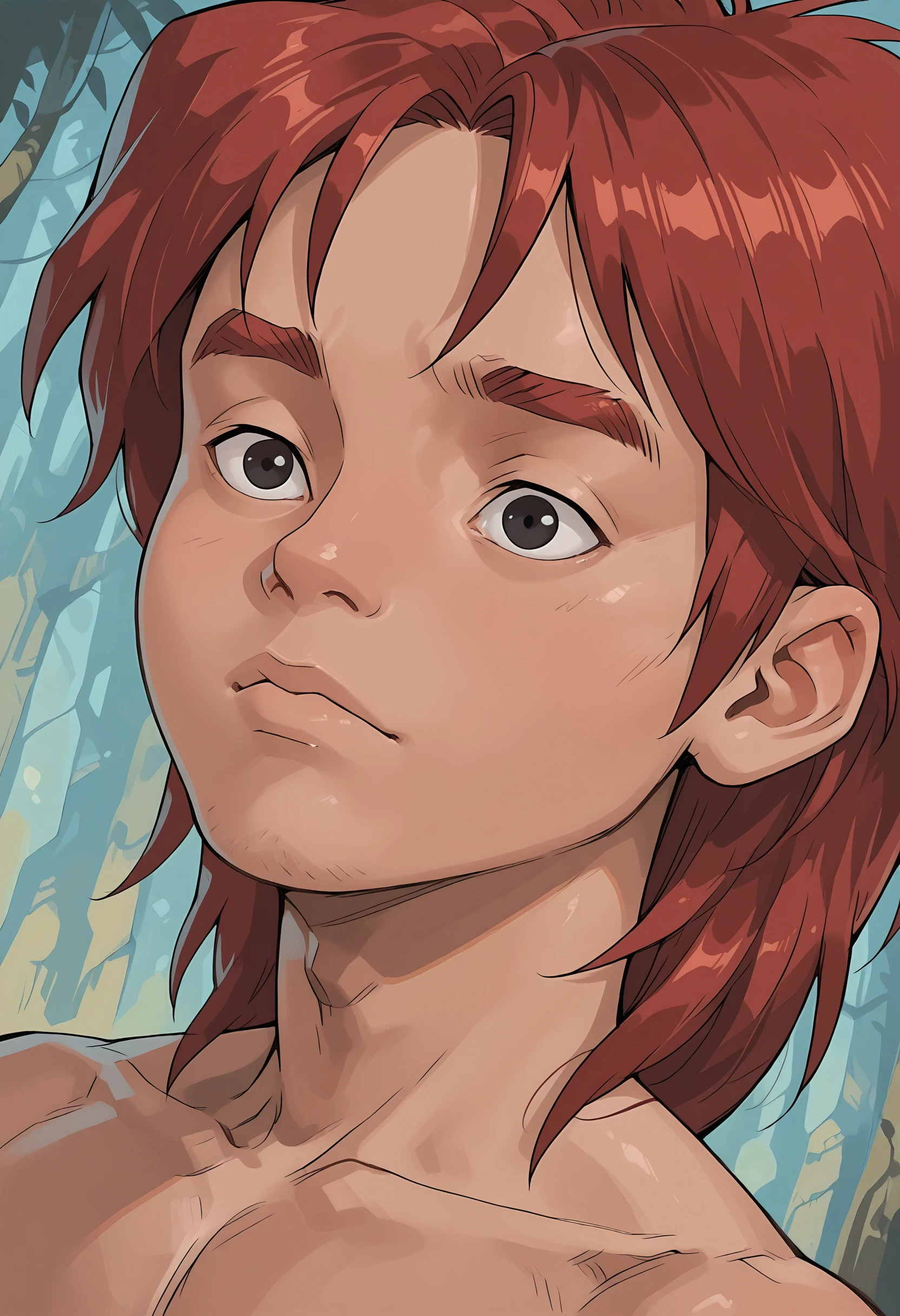masterpiece, best quality, amazing quality, dynamic angle, dutch angle, abstract background, BREAK
solo, male, cro_magnon, red hair, black eyes, closeup, face focus, BREAK
 <lora:Cro_the_Cro-Magnon_-_Cro_-_ILXL:1>