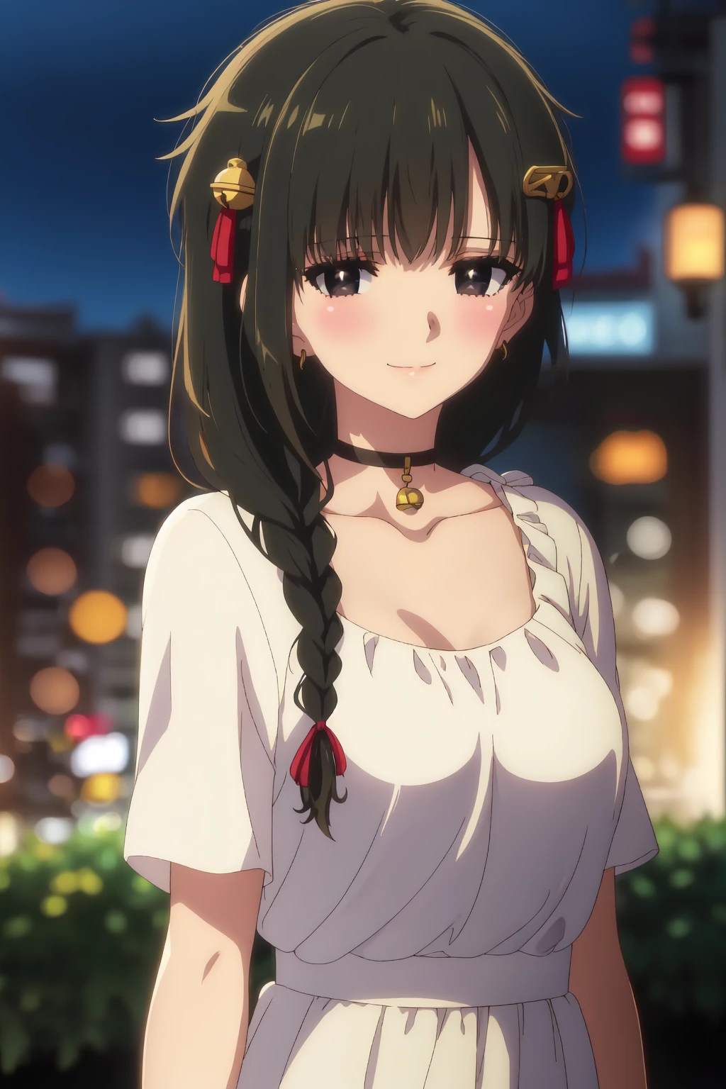 Yuki Yokoya, (8k, HD), 1 girl, alone, long hair, black hair, hair ornament, braid, black eyes, single braid, medium breasts, shoulder length hair, looking at viewer, blushing, smile, hair ornament, jewelry, closed mouth, collarbone, upper body, earrings, choker, hairpin, blurry, bell, depth of field, blurred background, black choker, bokeh