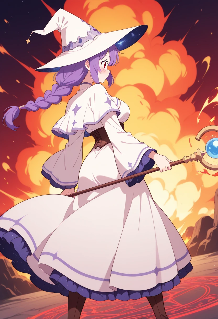 ailand,melitaphyllis, 1girl, breasts, blush, bangs, red eyes, long sleeves, hat, dress, purple hair, wide sleeves, star, (symbol), white dress, capelet, witch hat, white headwear, corset, long dress, underbust, witch, white capelet, <lora:melita_phyllis_v1_illustrious:1>,white dress, braid, braided ponytail,
BREAK
action,simple background, , ((holding_staff)),dynamic pose,((dynamic_angle,perspective)),action,((from_behind,from side)),((looking_away)), magic circle, magic,((pyrokinesis)),fire,flames,red_theme,fiery_trail,explosion,holding_staff,steel_staff,best_quality,masterpiece,modern,year_2024,newest,fluttering_clothes,impact,((anime_coloring)),anime_screencap,studio_anime,<lora:ailand_v1_illustrious:1>