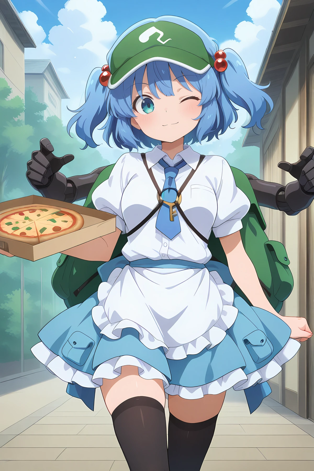 absurdres, highres, masterpiece, best quality, amazing quality, official anime artwork, screencap, anime screencap, outdoors, looking at viewer, dynamic pose, wink,
<lora:Nitori-Kawashiro_Illustrious:1> kawashiro nitori, 1girl, solo, aqua eyes, blue hair, short hair, two side up, twintails, hair bobbles,,
kawashiro nitori \(hot pizza delivery\), apron, bag, black thighhighs, blue necktie, blue skirt, collared shirt, flat cap, frilled apron, frilled skirt, green visor cap, holding pizza box, key, layered skirt, extra mechanical arms, pizza, puffy short sleeves, shirt, short sleeves, skirt, waist apron, white apron, white shirt