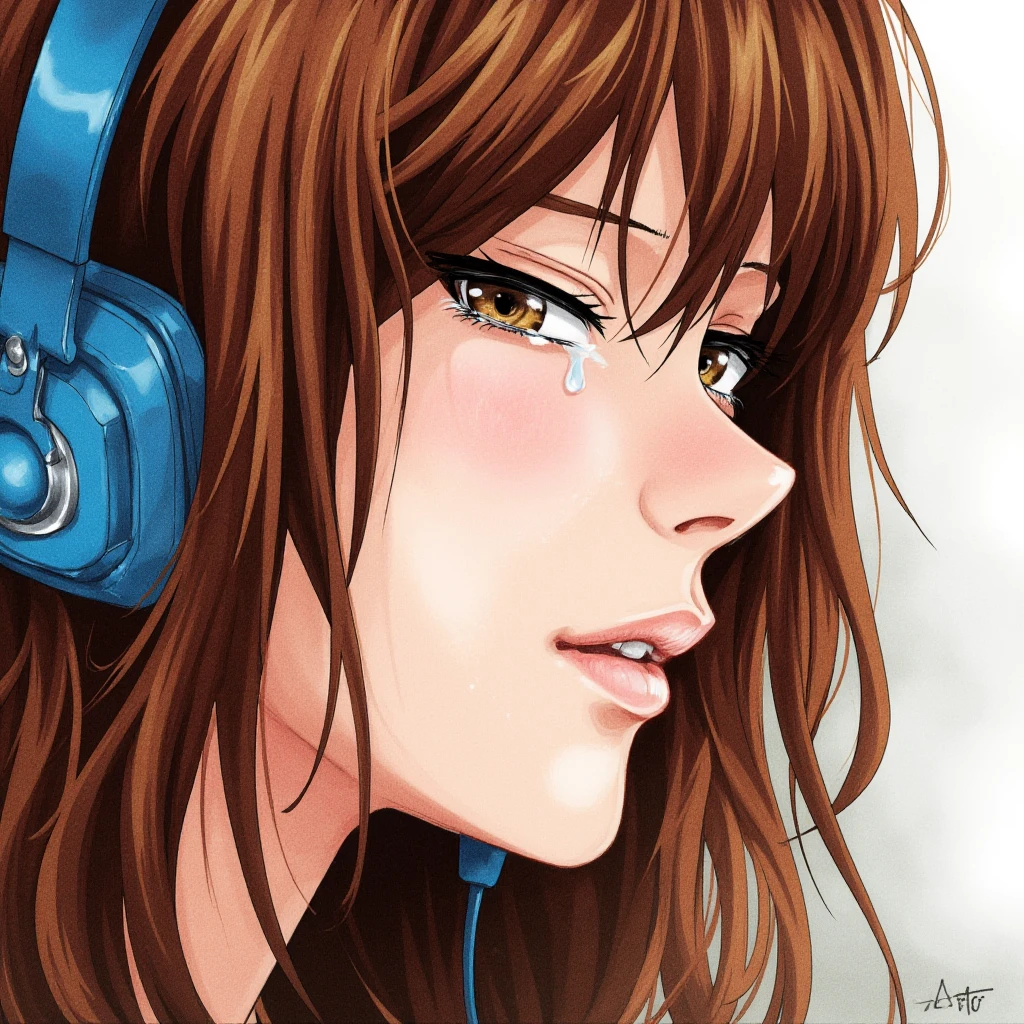 cinematic film still of <lora:sad crying style v1.5:0.9>
In crying style, a drawing of a sad Chinese young woman with a blue headphones on her ear., 1girl, solo, long hair, looking at viewer, brown hair, brown eyes, tears, lips, headphones, crying, portrait, musical note, crying with eyes open, realistic, nose, eighth note, beamed eighth notes, crying, sad, teary face, tears, crying style, parted lips, flying tear drops, blood, quarter note, shallow depth of field, vignette, highly detailed, high budget, bokeh, cinemascope, moody, epic, gorgeous, film grain, grainy