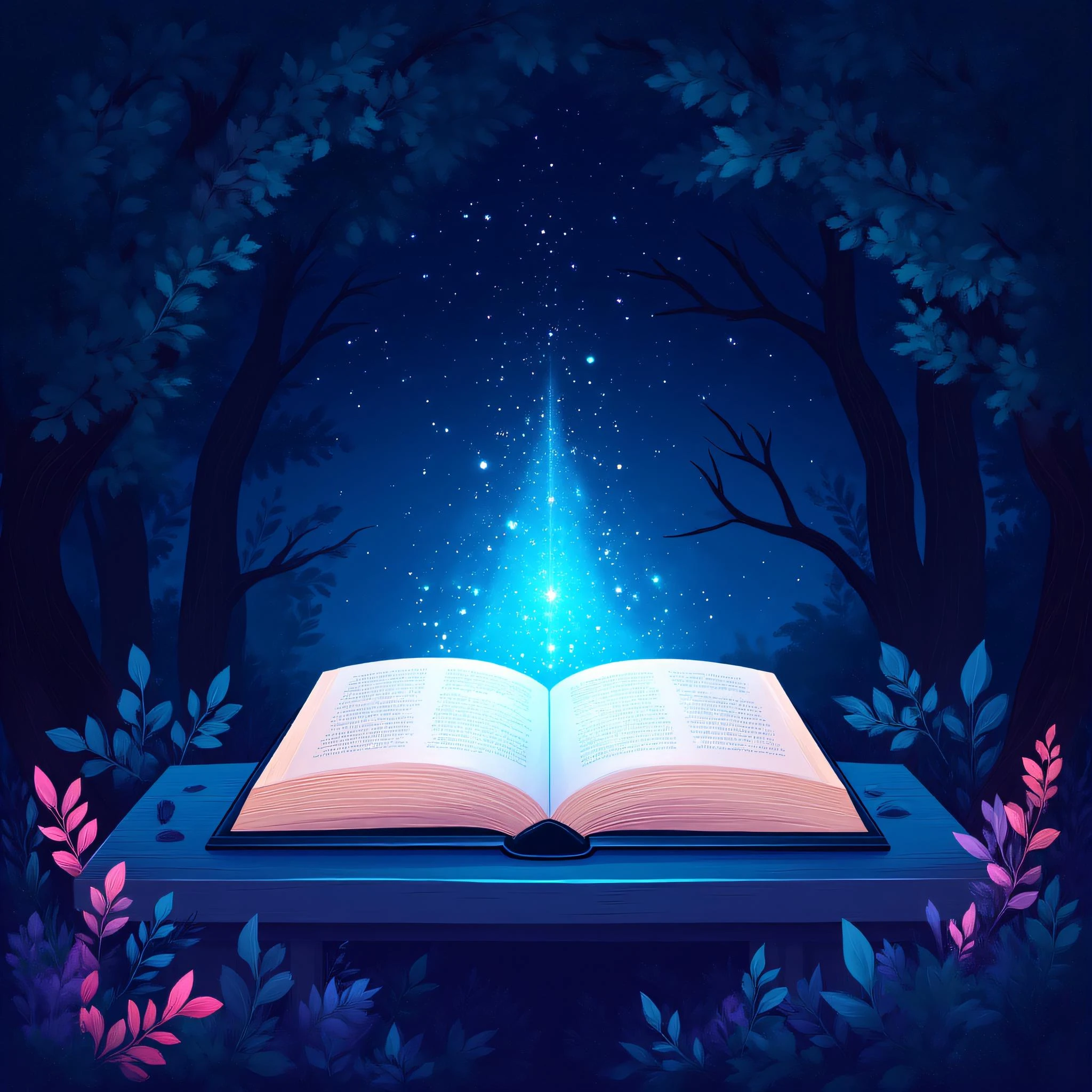ArsMJStyle, Flat Cartoon Illustration, The image shows an open book sitting on top of a table in the woods surrounded by trees and plants. The book is illuminated by a soft light giving it a magical and ethereal feel., no humans, tree, book, star (sky), sky, night, crystal, outdoors, flower, still life
